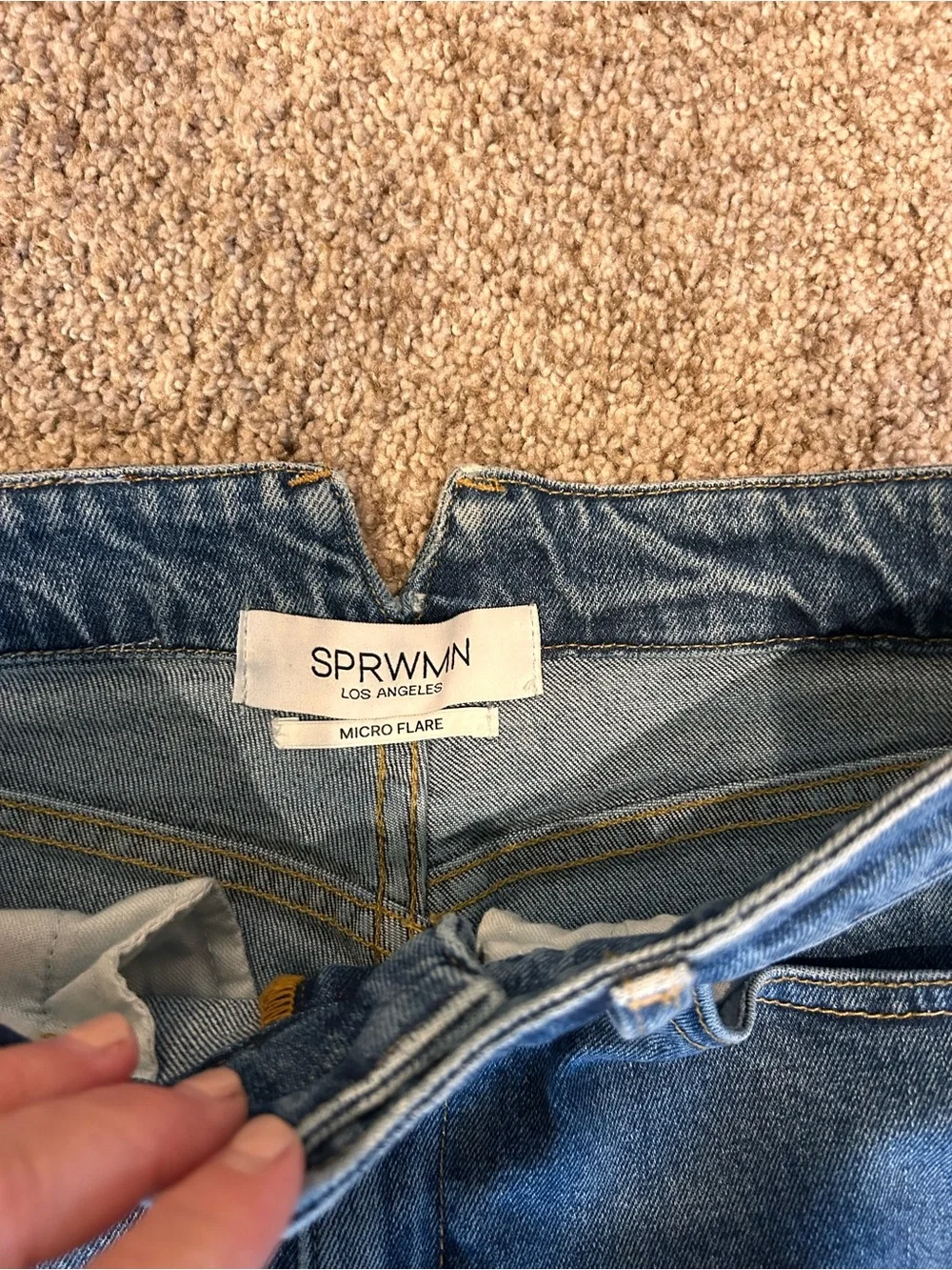 NWOT SPRWMN Micro Flare Jeans. Made in USA. SZ 27. Luxury. Designer. Medium wash